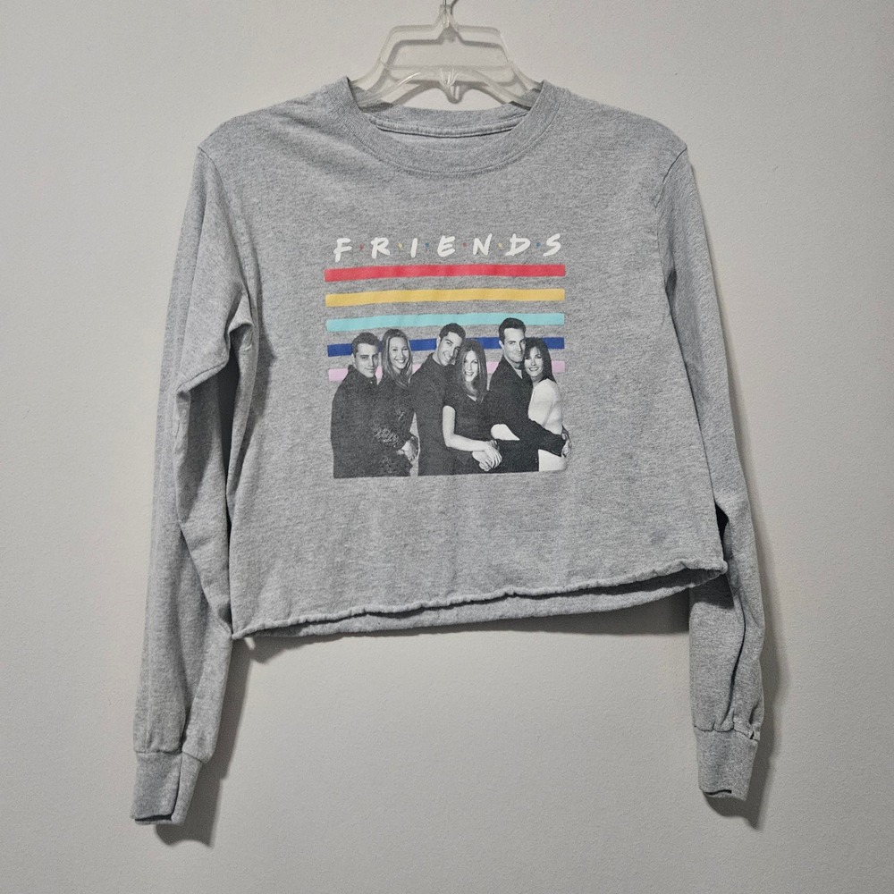 Friends TV Show Graphic Long Sleeve Cropped‎ T-Shirt Heather Gray Womens S M